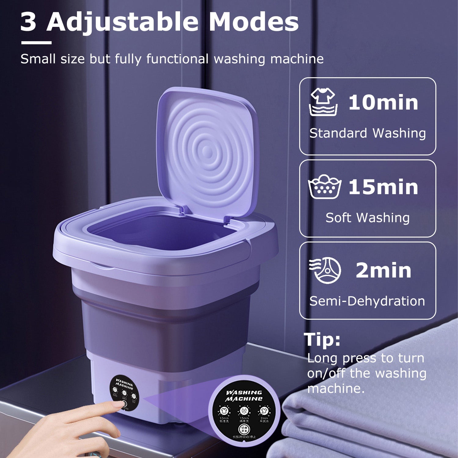 Portable Foldable Mini Washing Machine – 3 Modes, Detachable Drain Basket